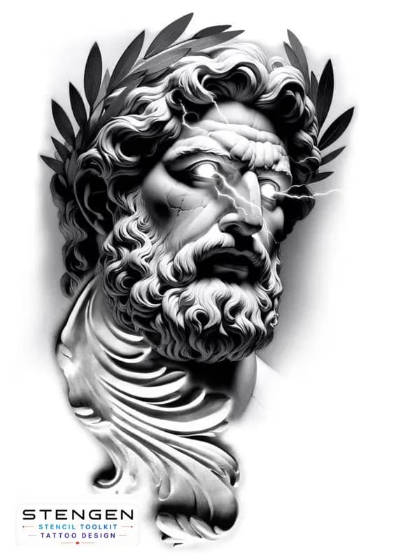 Greek god statue with laurel wreath and lightning eyes black and grey tattoo design