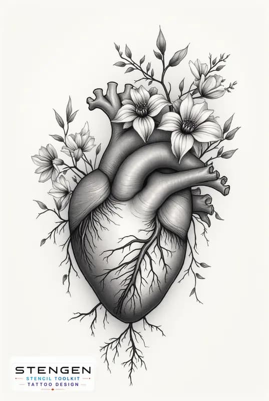 An anatomical heart tattoo design with flowers blooming from the arteries fine line with soft shadi