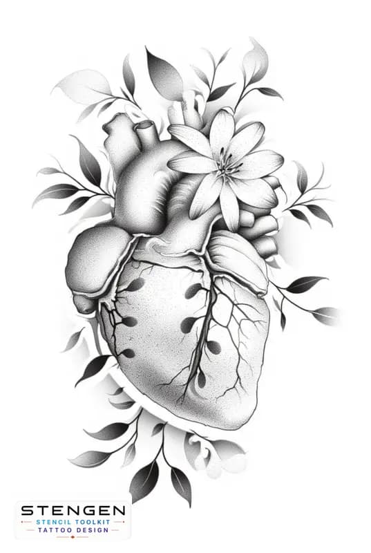 An anatomical heart tattoo design with flowers blooming from the arteries and around fine line with