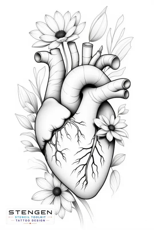 An anatomical heart tattoo design with flowers blooming from the arteries and around fine line with