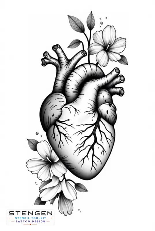 An anatomical heart tattoo design with flowers blooming from the arteries and around fine line with