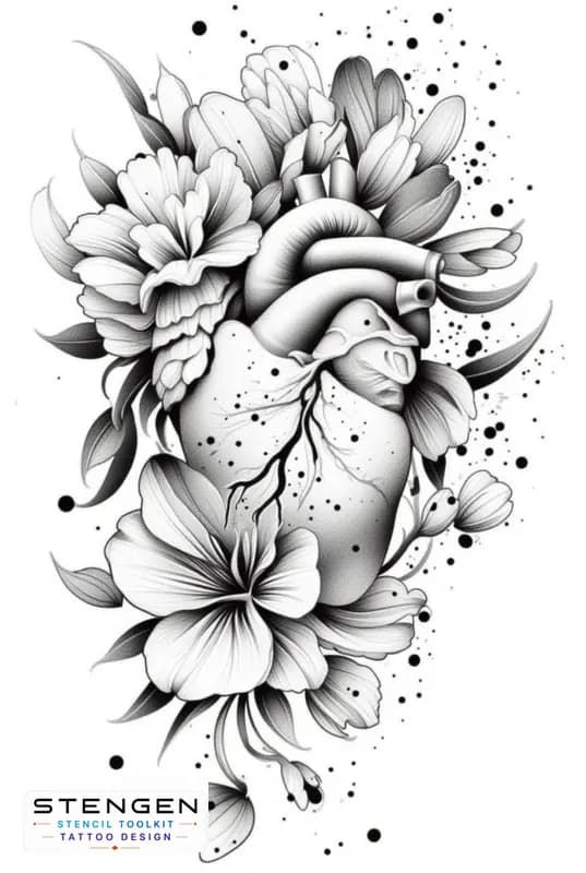 An anatomical heart tattoo design with flowers blooming from the arteries and around fine line with