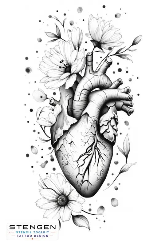 An anatomical heart tattoo design with flowers blooming from the arteries and around fine line with