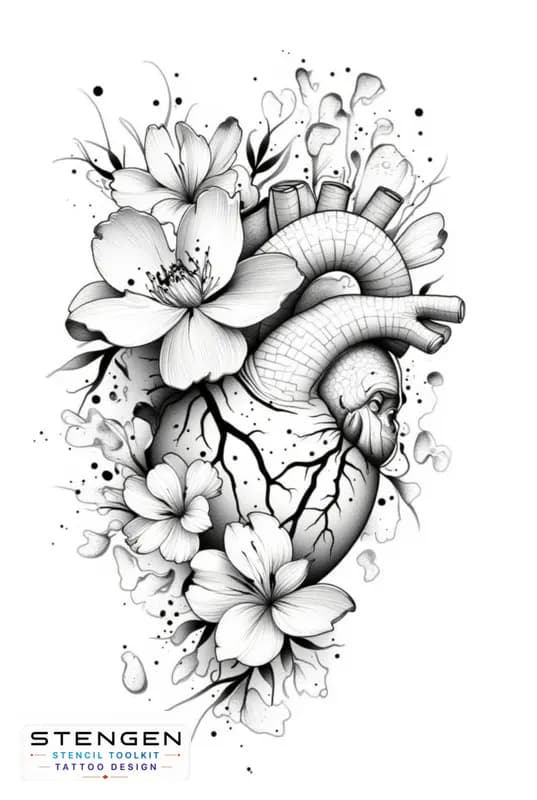 An anatomical heart tattoo design with flowers blooming from the arteries and around fine line with