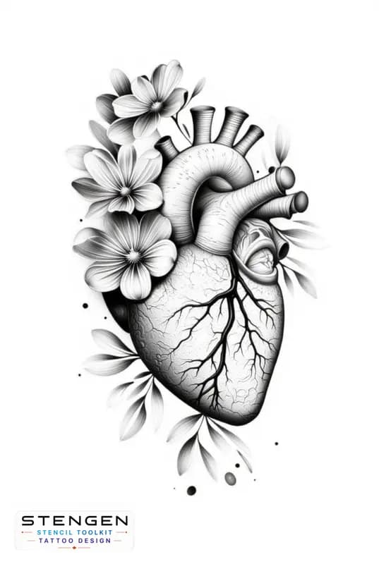 An anatomical heart tattoo design with flowers blooming from the arteries and around fine line with