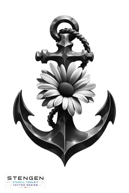 Tattoo design of anchor with flower female design central composition high resolution white backgro