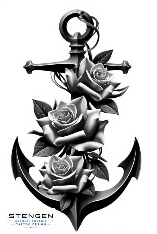 Tattoo design of anchor with flower female design central composition high resolution white backgro