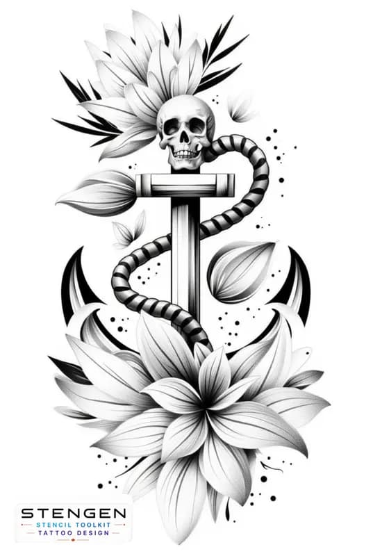Tattoo design of anchor with flower female design central composition high resolution white backgro