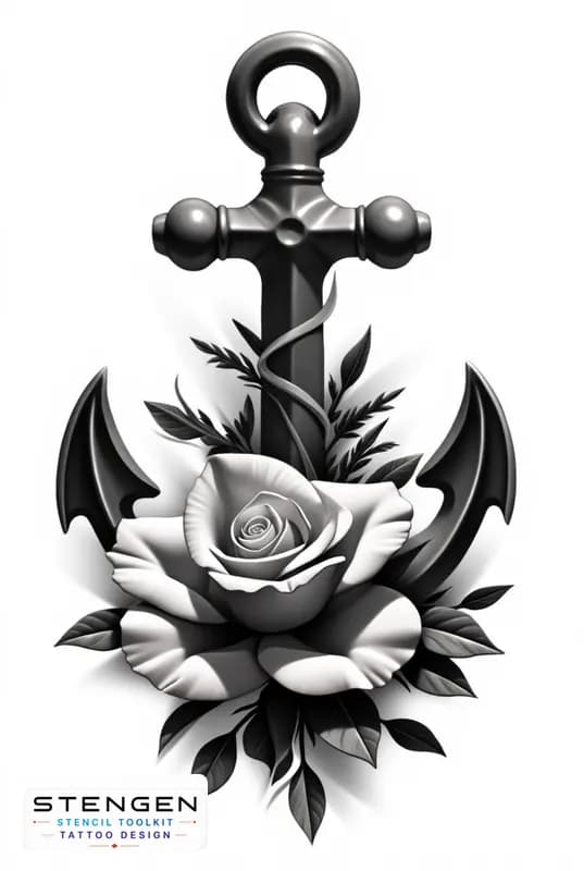 Tattoo design of anchor with flower female design central composition high resolution white backgro