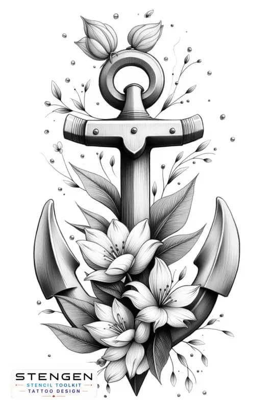 Tattoo design of anchor with flower female design central composition high resolution white backgro