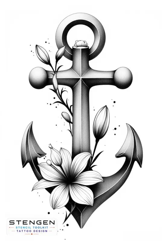 Tattoo design of anchor with flower female design central composition high resolution white backgro