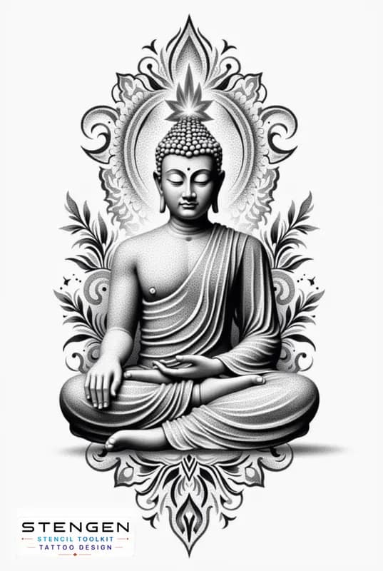 A highly detailed black and grey tattoo design of buddha in a meditative pose featuring soft vip sh