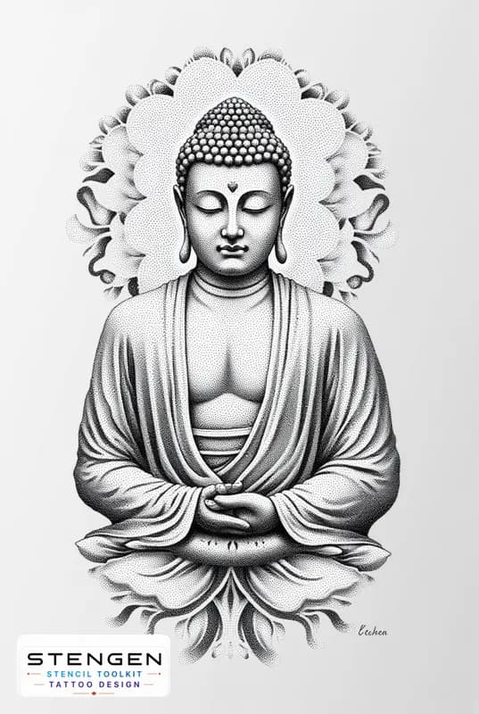 A highly detailed black and grey tattoo design of buddha in a meditative pose featuring soft vip sh