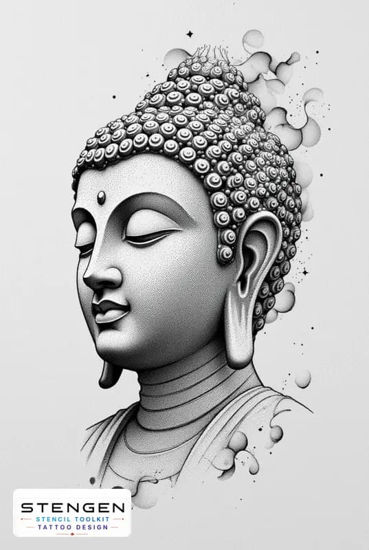 A highly detailed black and grey tattoo design of buddha in a meditative pose featuring soft vip sh