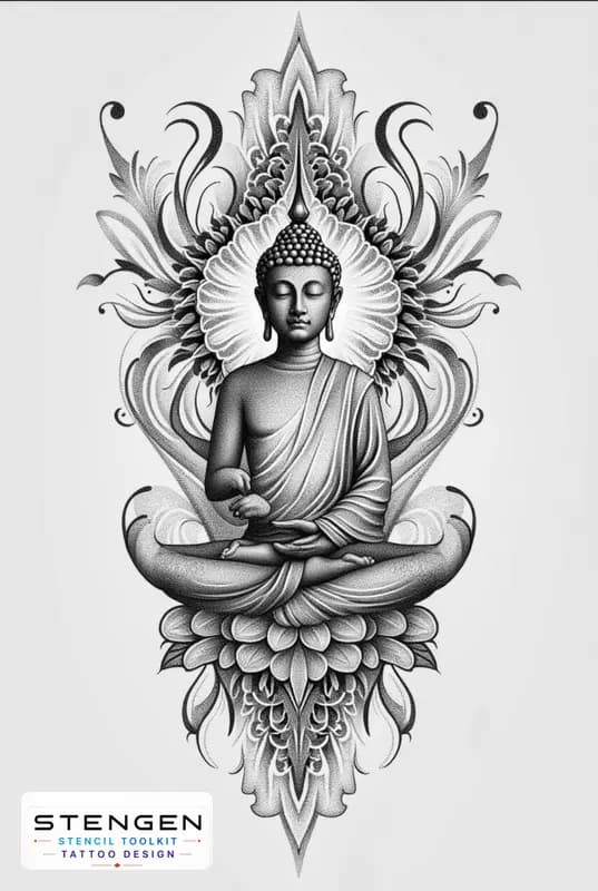A highly detailed black and grey tattoo design of buddha in a meditative pose featuring soft vip sh