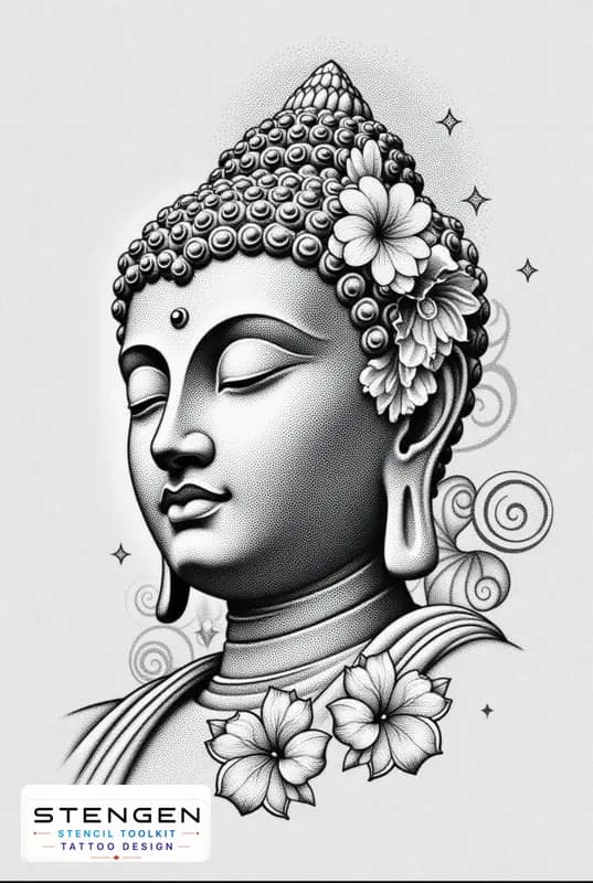 A highly detailed black and grey tattoo design of buddha in a meditative pose featuring soft vip sh