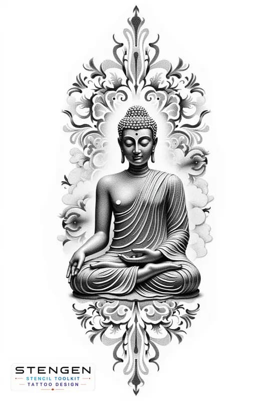 A highly detailed black and grey tattoo design of buddha in a meditative pose featuring soft vip sh