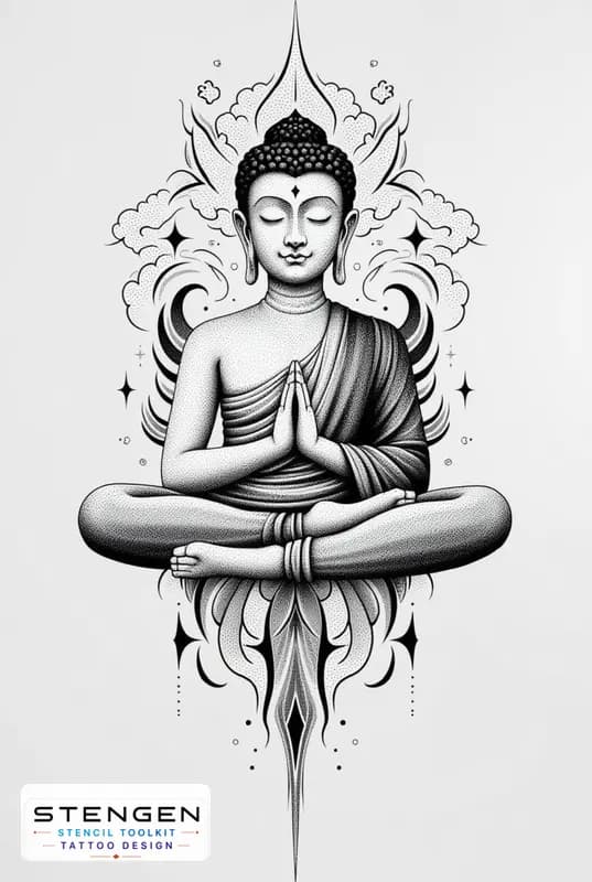 A highly detailed black and grey tattoo design of buddha in a meditative pose featuring soft vip sh