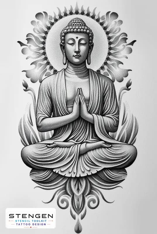 A highly detailed black and grey tattoo design of buddha in a meditative pose featuring soft vip sh