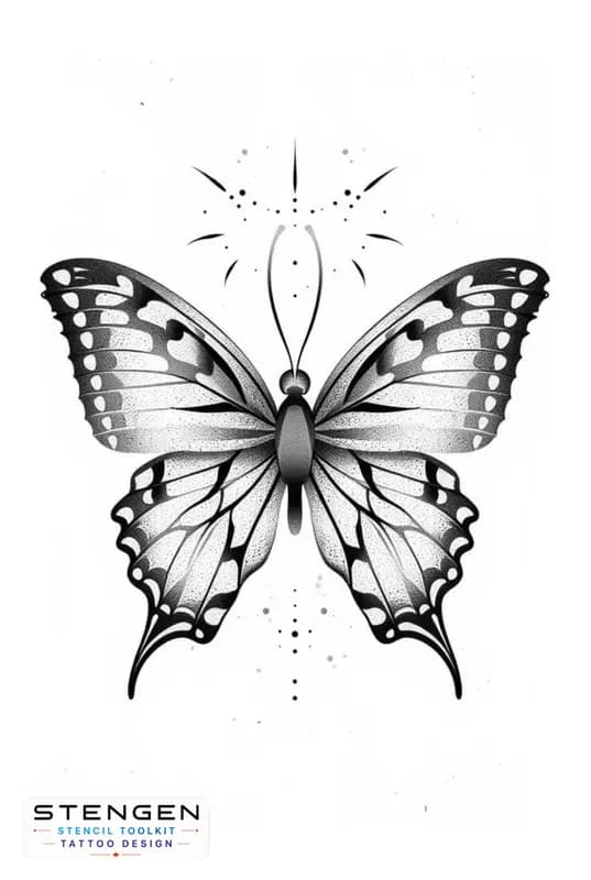 A highly detailed black and grey tattoo design of a butterfly with delicate vip shading and fine do