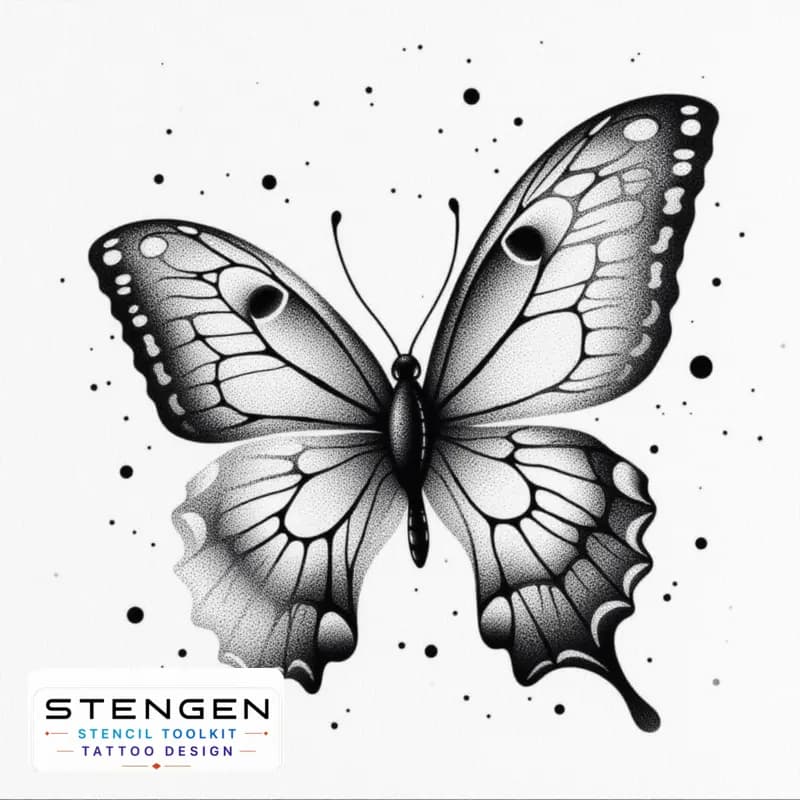 A highly detailed black and grey tattoo design of a butterfly with delicate vip shading and fine do