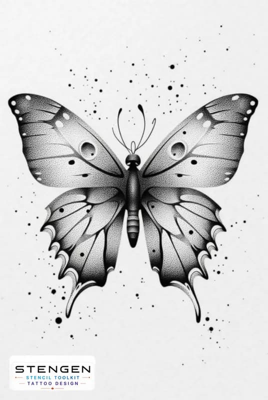 A highly detailed black and grey tattoo design of a butterfly with delicate vip shading and fine do