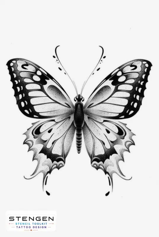 A highly detailed black and grey tattoo design of a butterfly with delicate vip shading and fine do