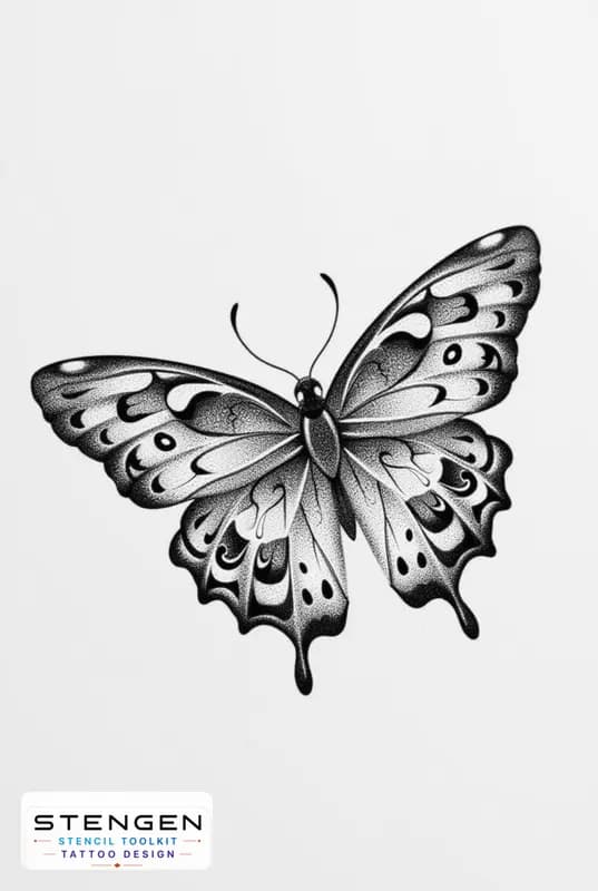 A highly detailed black and grey tattoo design of a butterfly with delicate vip shading and fine do