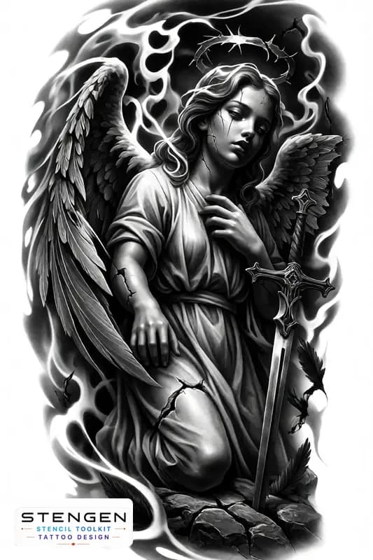 Black and grey tattoo design of a fallen angel in a dramatic vertical composition shown kneeling wi