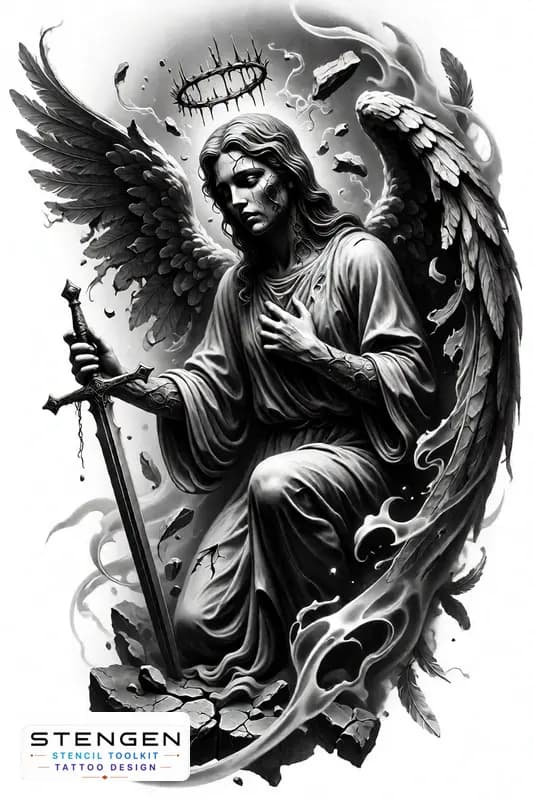Black and grey tattoo design of a fallen angel in a dramatic vertical composition shown kneeling wi