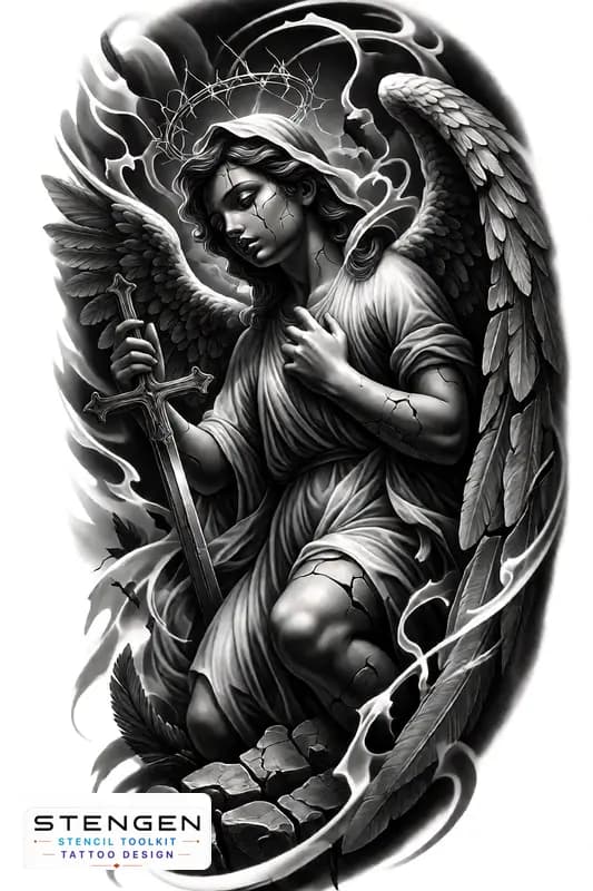 Black and grey tattoo design of a fallen angel in a dramatic vertical composition shown kneeling wi