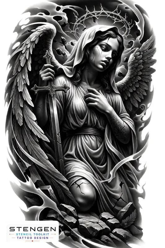 Black and grey tattoo design of a fallen angel in a dramatic vertical composition shown kneeling wi
