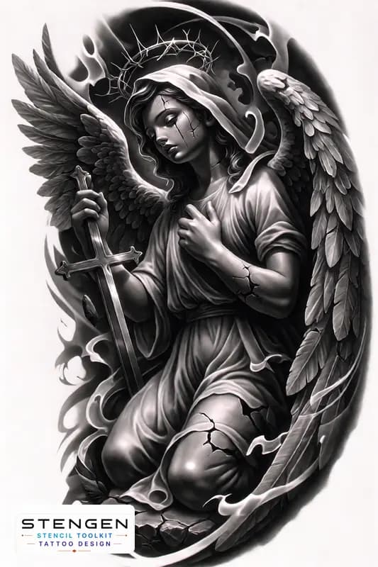 Black and grey tattoo design of a fallen angel in a dramatic vertical composition shown kneeling wi