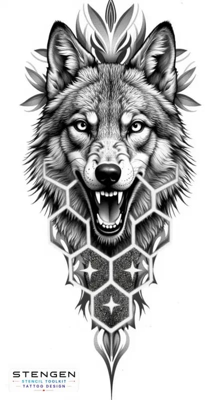 A highly detailed black and grey tattoo design of a fierce wolf combining realism with abstract and