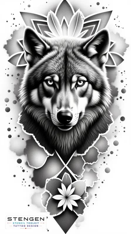 A highly detailed black and grey tattoo design of a fierce wolf combining realism with abstract and