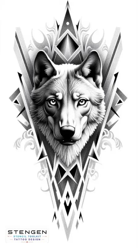 A highly detailed black and grey tattoo design of a fierce wolf combining realism with abstract and