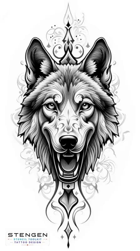 A highly detailed black and grey tattoo design of a fierce wolf combining realism with abstract and