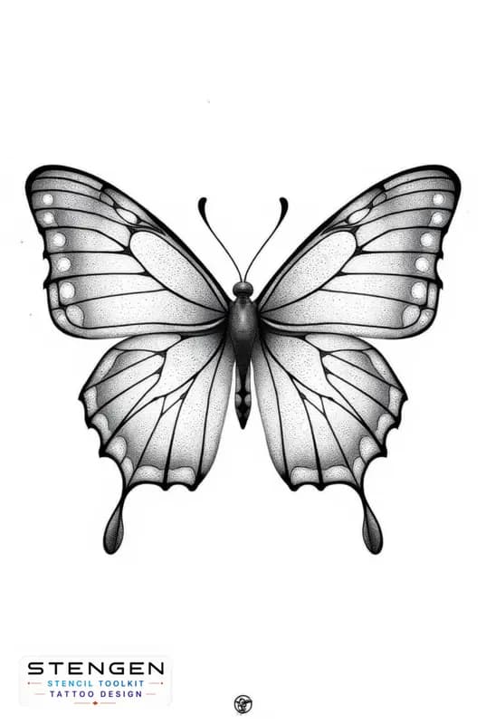 A highly detailed black and grey tattoo design of a geometric butterfly with delicate vip shading a