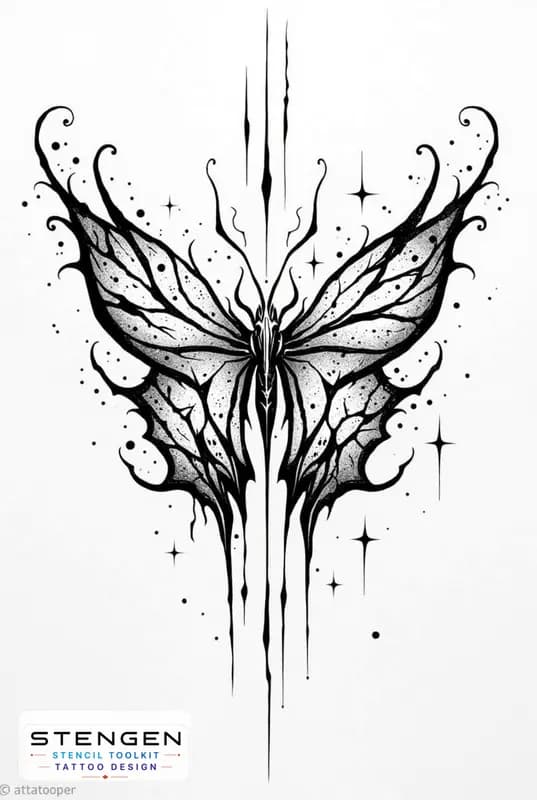 A highly detailed black and grey tattoo design of a geometric mystic butterfly with delicate vip sh