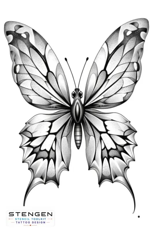 A highly detailed black and grey tattoo design of a geometric mystic butterfly with delicate vip sh