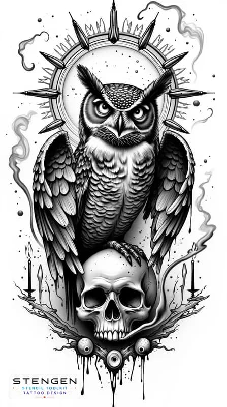 Black and grey realism tattoo sketch of a dark owl perched on a human skull glowing eyes feathers b