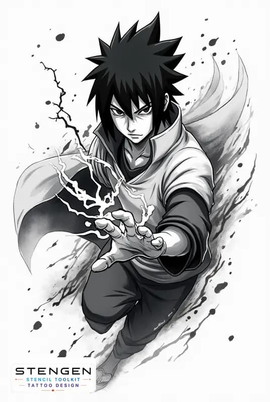 Black and grey tattoo design of sasuke uchiha mid attack with chidori electric energy effects aroun