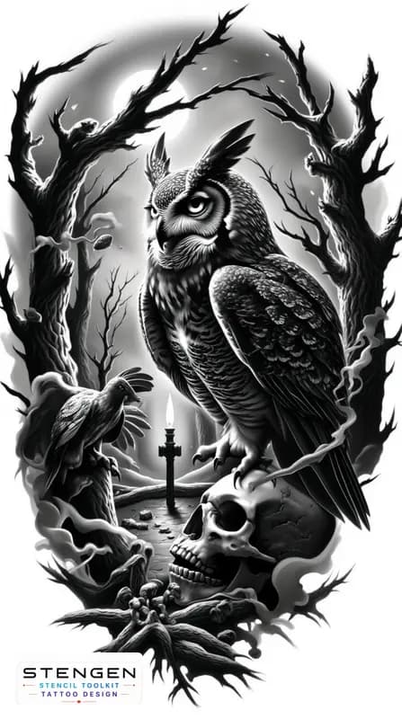 Black and grey tattoo sketch of a dark owl perched on a human skull glowing eyes feathers blending