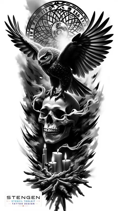 Black and grey tattoo sketch of a dark owl perched on a human skull glowing eyes feathers blending