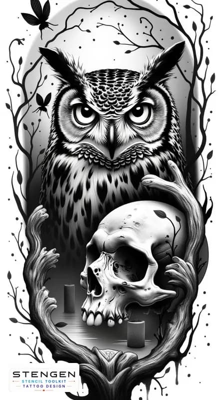 Black and grey tattoo sketch of a dark owl perched on a human skull glowing eyes feathers blending