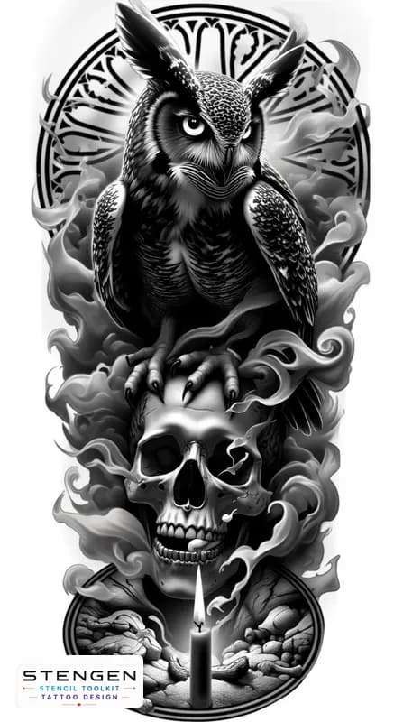 Black and grey tattoo sketch of a dark owl perched on a human skull glowing eyes feathers blending