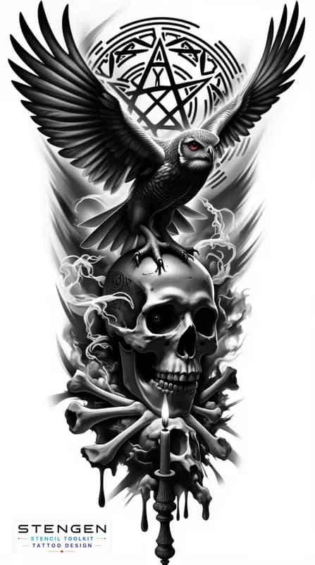 Black and grey tattoo sketch of a dark owl perched on a human skull glowing eyes feathers blending