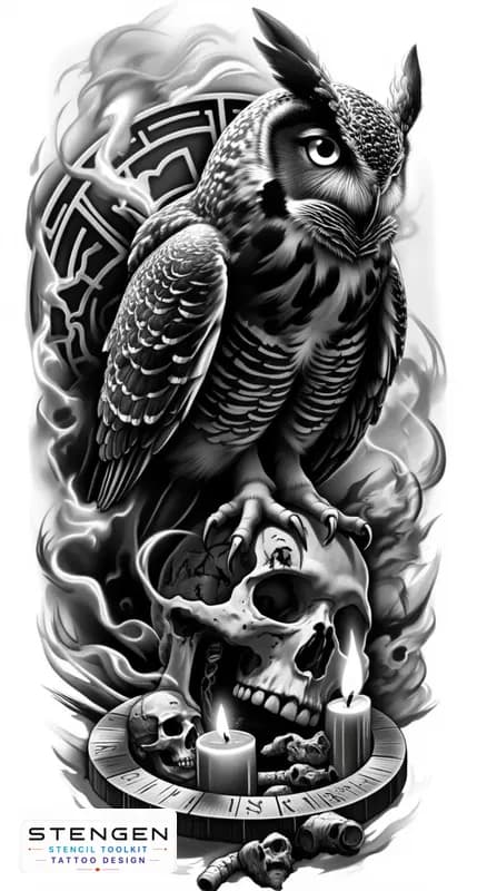 Black and grey tattoo sketch of a dark owl perched on a human skull glowing eyes feathers blending