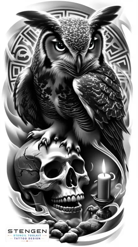 Black and grey tattoo sketch of a dark owl perched on a human skull glowing eyes feathers blending