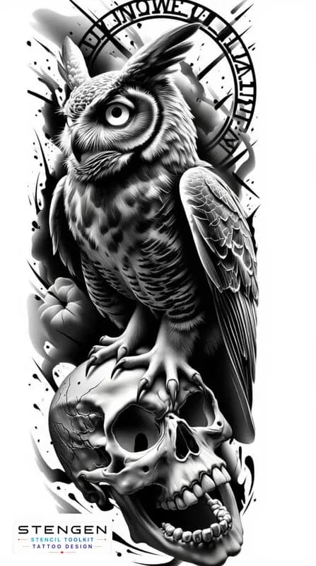 Black and grey tattoo sketch of a dark owl perched on a human skull glowing eyes feathers blending